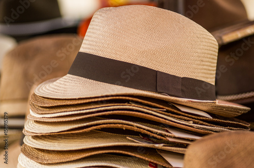 OTAVALO, ECUADOR - MAY 17, 2017: Close up of a handmade Panama Hats at the craft market in Otavalo, Ecuador