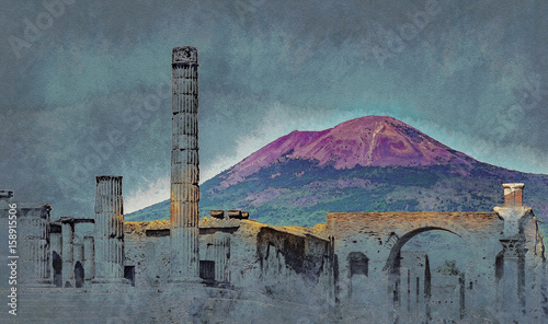 The famous antique site of Pompeii, near Naples. It was completely destroyed by the eruption of Mount Vesuvius. One of the main tourist attractions in Italy.