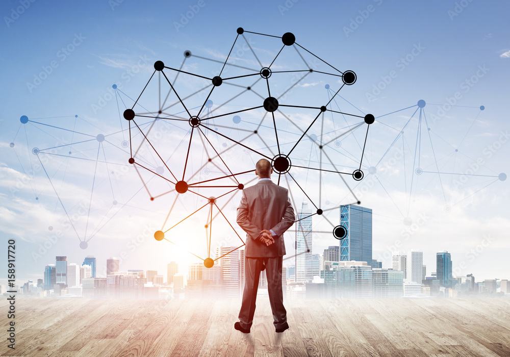 International business networking and social connection against modern city background International business networking and social connection against modern city background