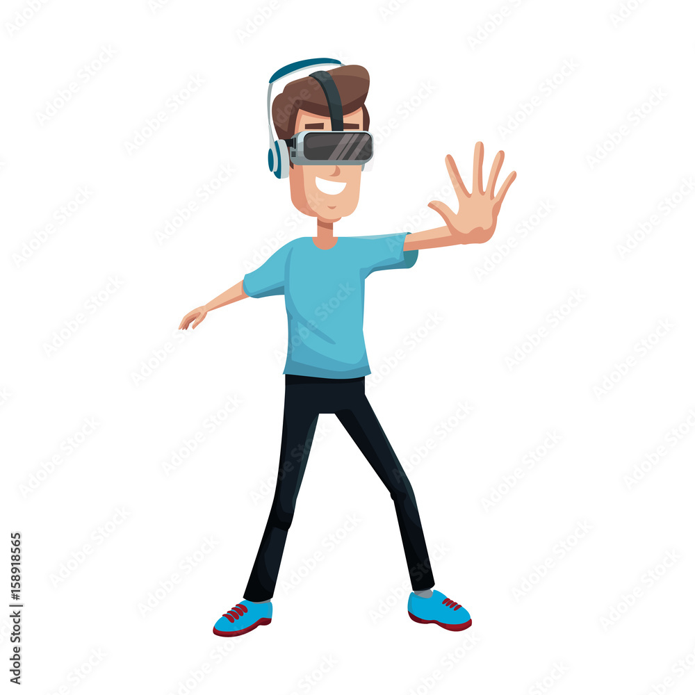 young man using a vr headset and experiencing virtual reality vector illustration