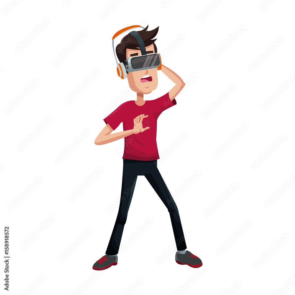 young man using a vr headset and experiencing virtual reality vector illustration young man using a vr headset and experiencing virtual reality vector illustration