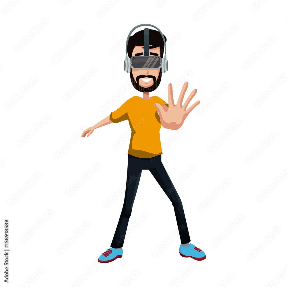 young man using a vr headset and experiencing virtual reality vector illustration young man using a vr headset and experiencing virtual reality vector illustration