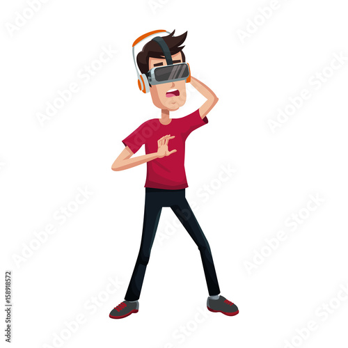 young man using a vr headset and experiencing virtual reality vector illustration