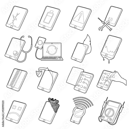 Repair phones fix icons set, outline style