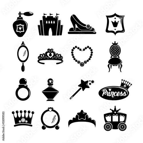 Princess doll icons set, simple style