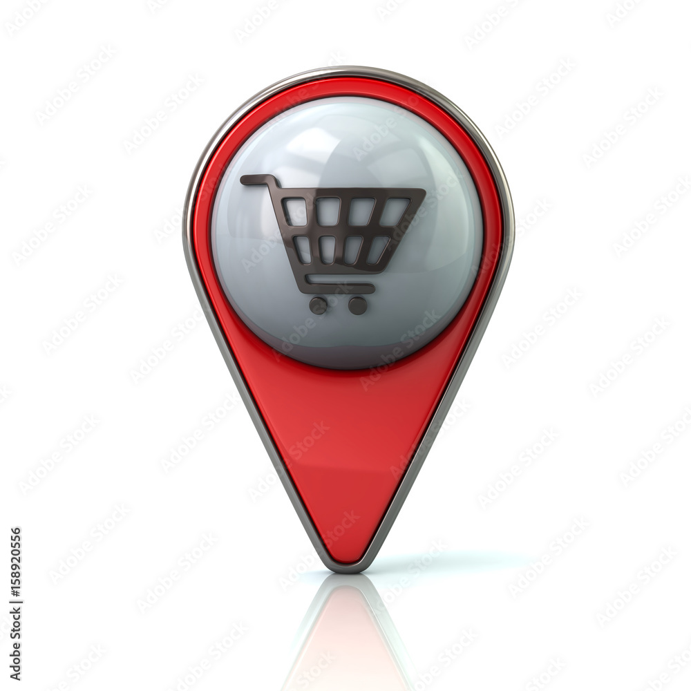 Red map pointer with shopping cart icon Red map pointer with shopping cart icon