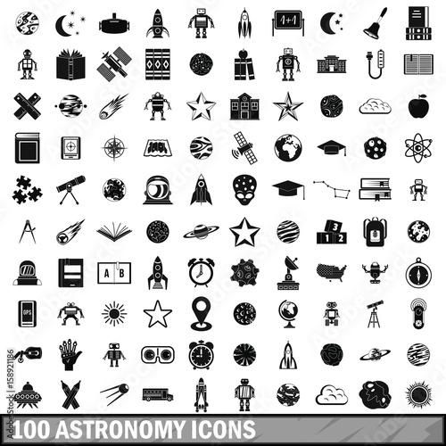 100 astronomy icons set, simple style 