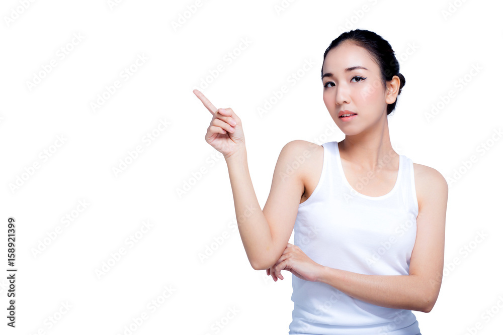 Beautiful young woman with healthy clean skin show something on her hand. Isolated on white. asian beauty Beautiful young woman with healthy clean skin show something on her hand. Isolated on white. asian beauty