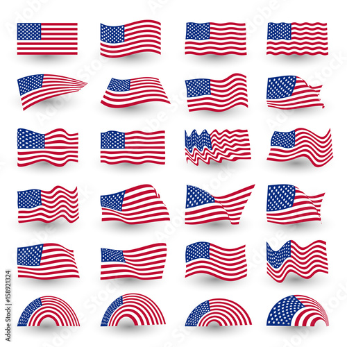 Independence day flag set of united states american symbol wavy shape. july fourth vector logo, illustration.