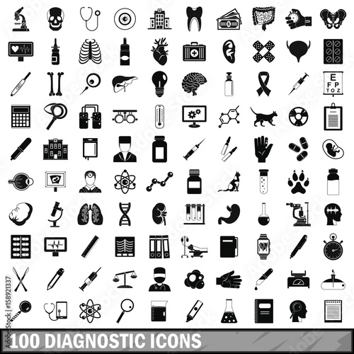 100 diagnostic icons set, simple style 
