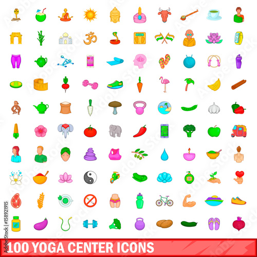 100 yoga center icons set, cartoon style
