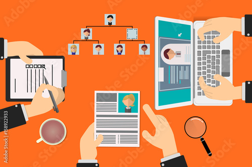 Work team choosing resumes of candidates to fill vacancy, hierarchy of business positions