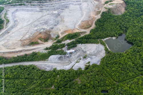 Stone quarry. Aerial view over the building materials processing factory. View from above.