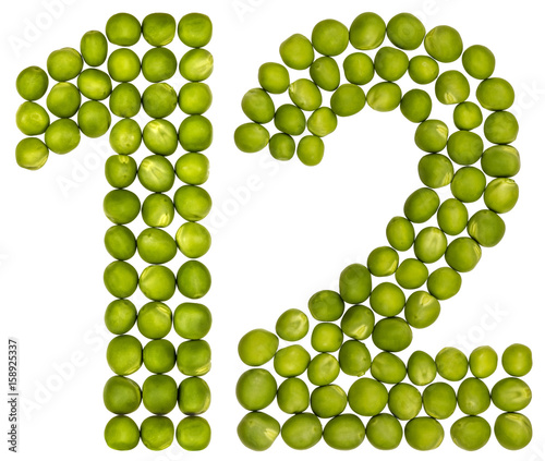 Arabic numeral 12, twelve, from green peas, isolated on white background
