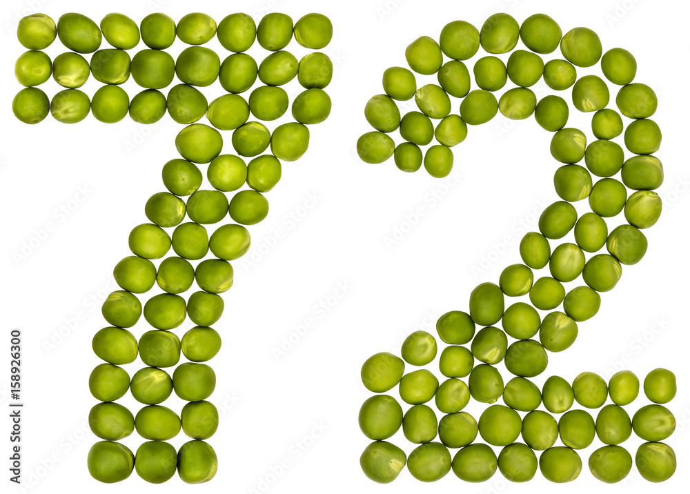 Arabic numeral 72, seventy two, from green peas, isolated on white background