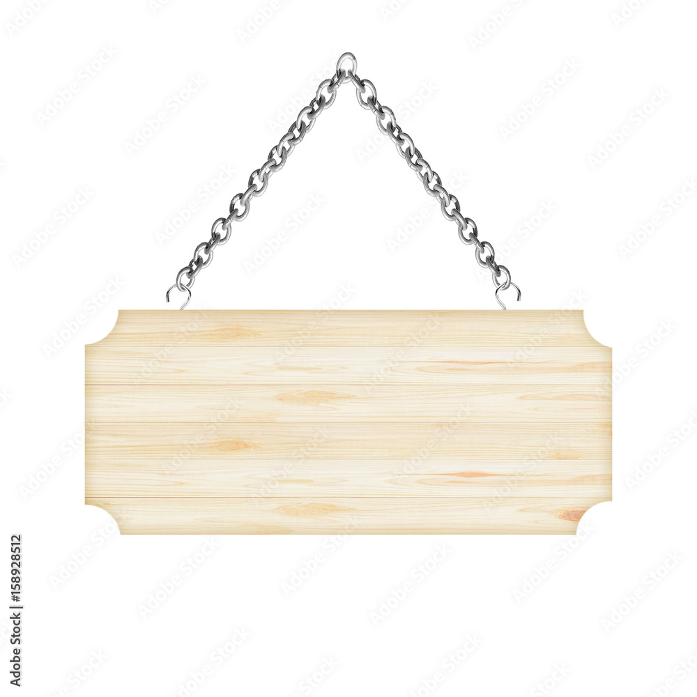 Wooden sign hanging on a chain isolated on white