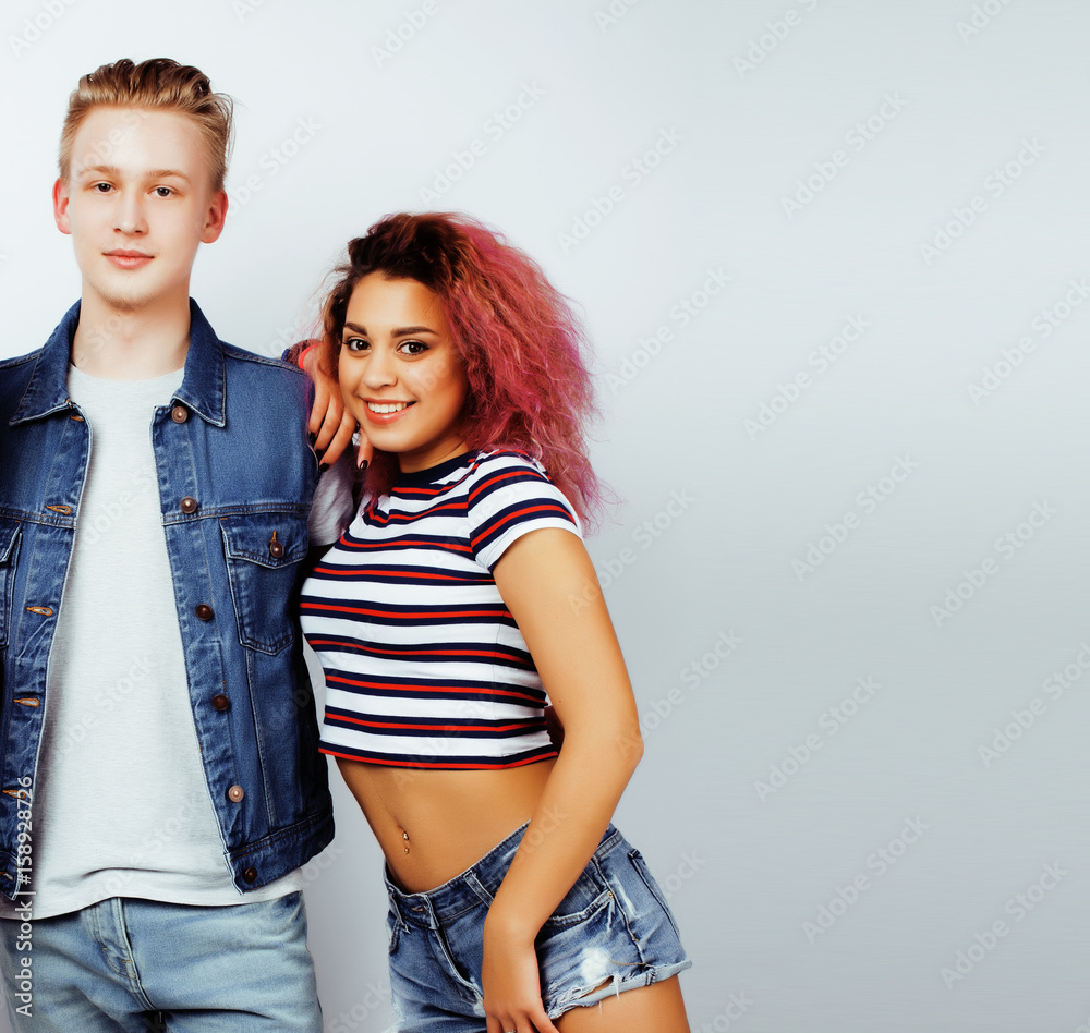 Best Friends Teenage Girl And Boy Together Having Fun Posing Emotional On White Background Couple Happy Smiling Lifestyle People Concept Blond And Brunette Multi Nations Stock Photo Adobe Stock