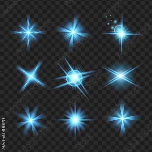 blue shine stars with glitters, Effect graphic light. Transparent design elements background.