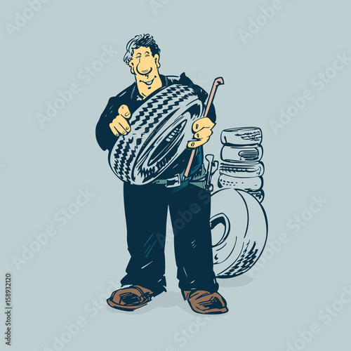 mechanic tireman hold tire cartoon Illustration concept © Saiful
