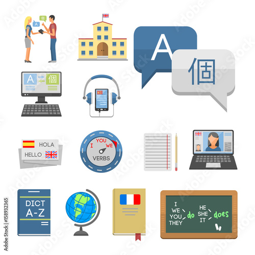Vector illustration icons for educational programs languages distance education online learning