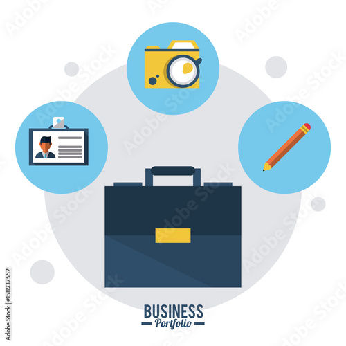 colorful poster business portfolio with briefcase pencil and photo camera vector illustration