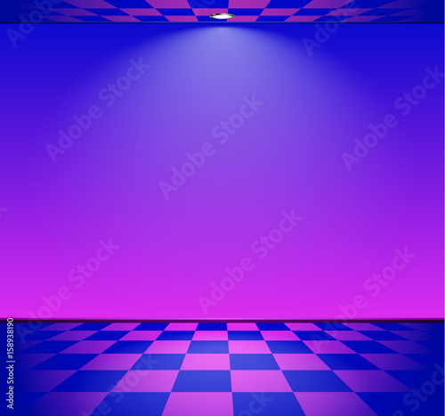 80s styled vapor wave room with blue and purple wall over checked floor