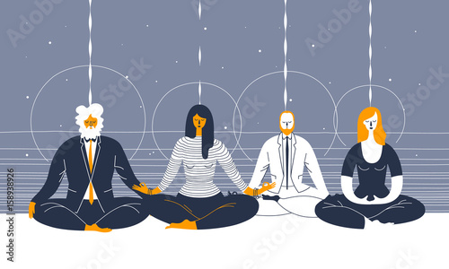 Several office workers in smart clothing sit in yoga position and meditate against abstract blue background. Concept of business meditation and team building activity. Vector illustration for poster.