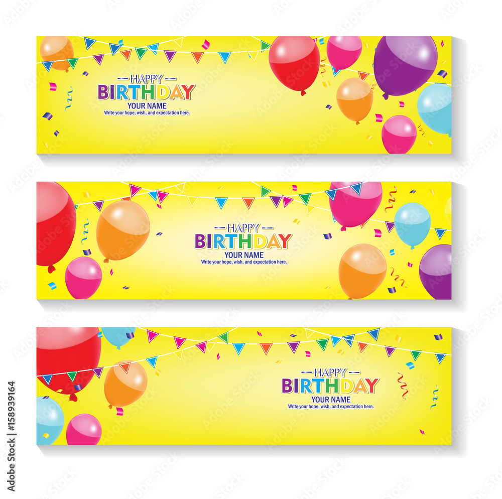 Print Editable yellow background horizontal happy birthday banner with  balloon and confetti decoration set. Stock Vector | Adobe Stock