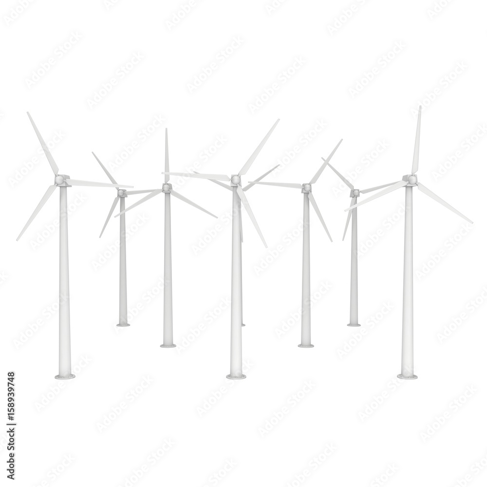 Wind turbine farm with propellers. Windmill generators 3D render isolated on white Wind turbine farm with propellers. Windmill generators 3D render isolated on white