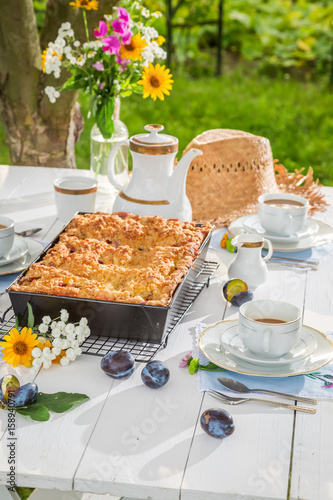 Dessert with plum cake and coffee in summer garden