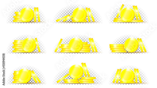 Set of coins in different position. Collection of golden coins isolated on transparent backdrop. Vector illustration of money.