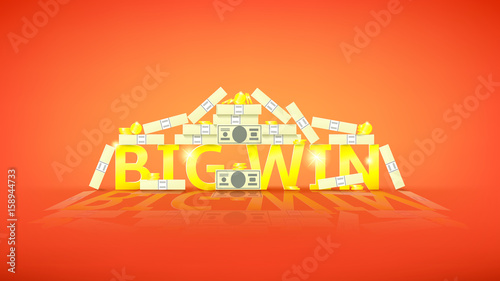 Big win retro banner with money. Vector illustration with golden coins and paper greenbacks. Label for winners of poker, cards, roulette and lottery.
