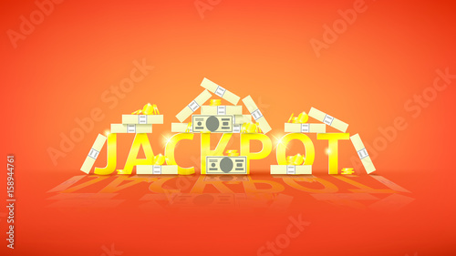 Jackpot retro banner with money. Vector illustration with golden coins and paper greenbacks. Label for winners of poker, cards, roulette and lottery.