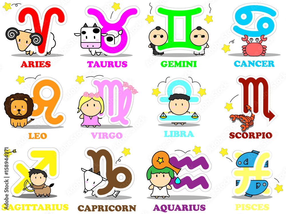 Twelve Cute cartoon with Big Zodiac sign icon symbol vector isolated on white background