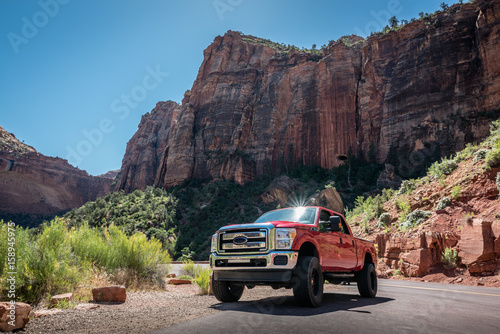 Red American Truck in Zion Canyon