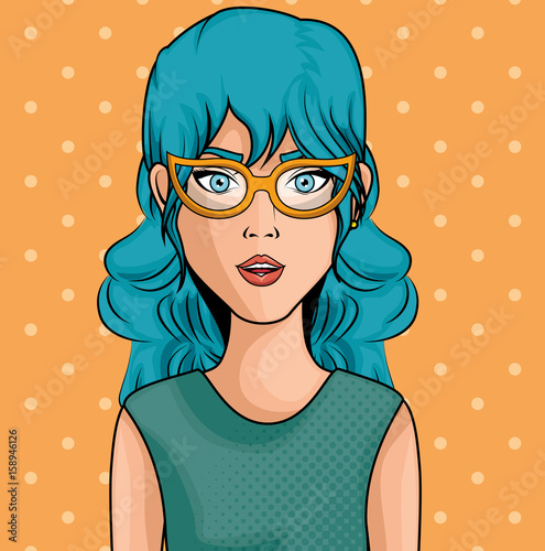 Blue haired woman comic like pop art icon over orange dotted background vector illustration