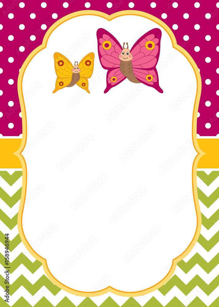 Vector Card Template with Cartoon Butterflies on Polka Dot and Chevron ...