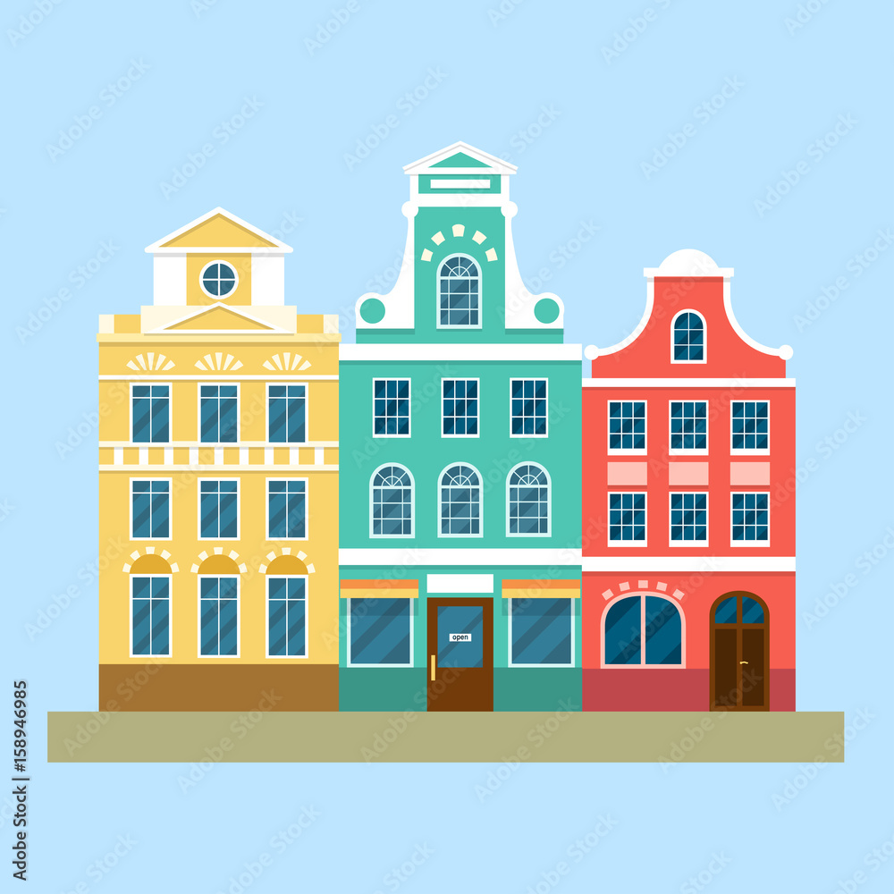 Street landscape with colorful european houses. Vector flat illustration.
