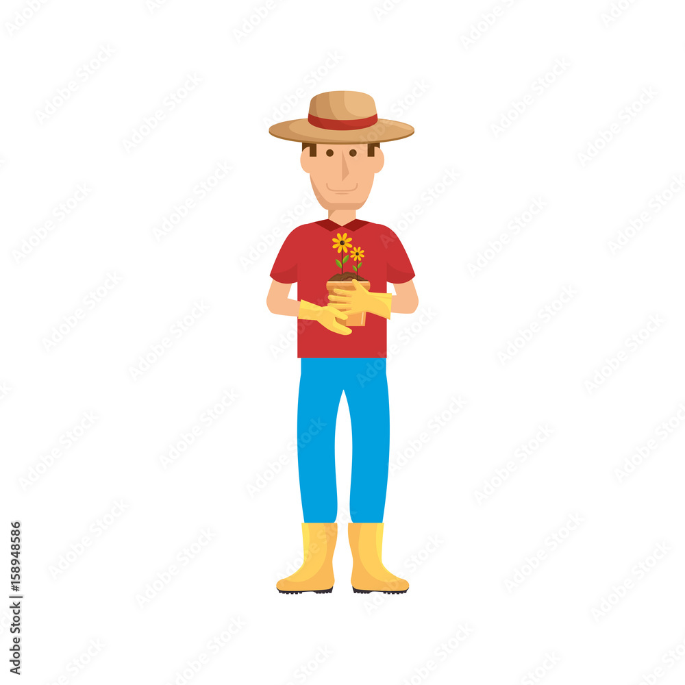 gardener man holding a plant in a pot icon over white background colorful design vector illustration