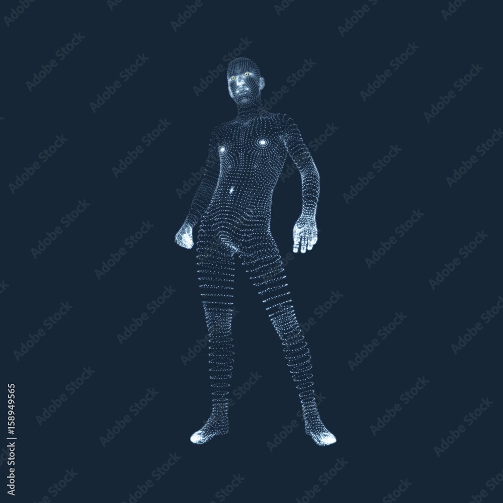 Man Stands on his Feet. 3D Model of Man. Human Body Model. View of Human Body. Vector Graphics Composed of Particles. Man Stands on his Feet. 3D Model of Man. Human Body Model. View of Human Body. Vector Graphics Composed of Particles.