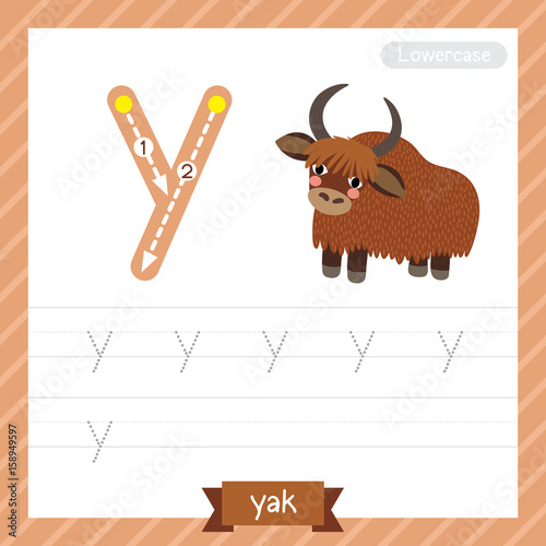 Letter Y lowercase tracing practice worksheet with yak for kids learning to write. Vector Illustration.