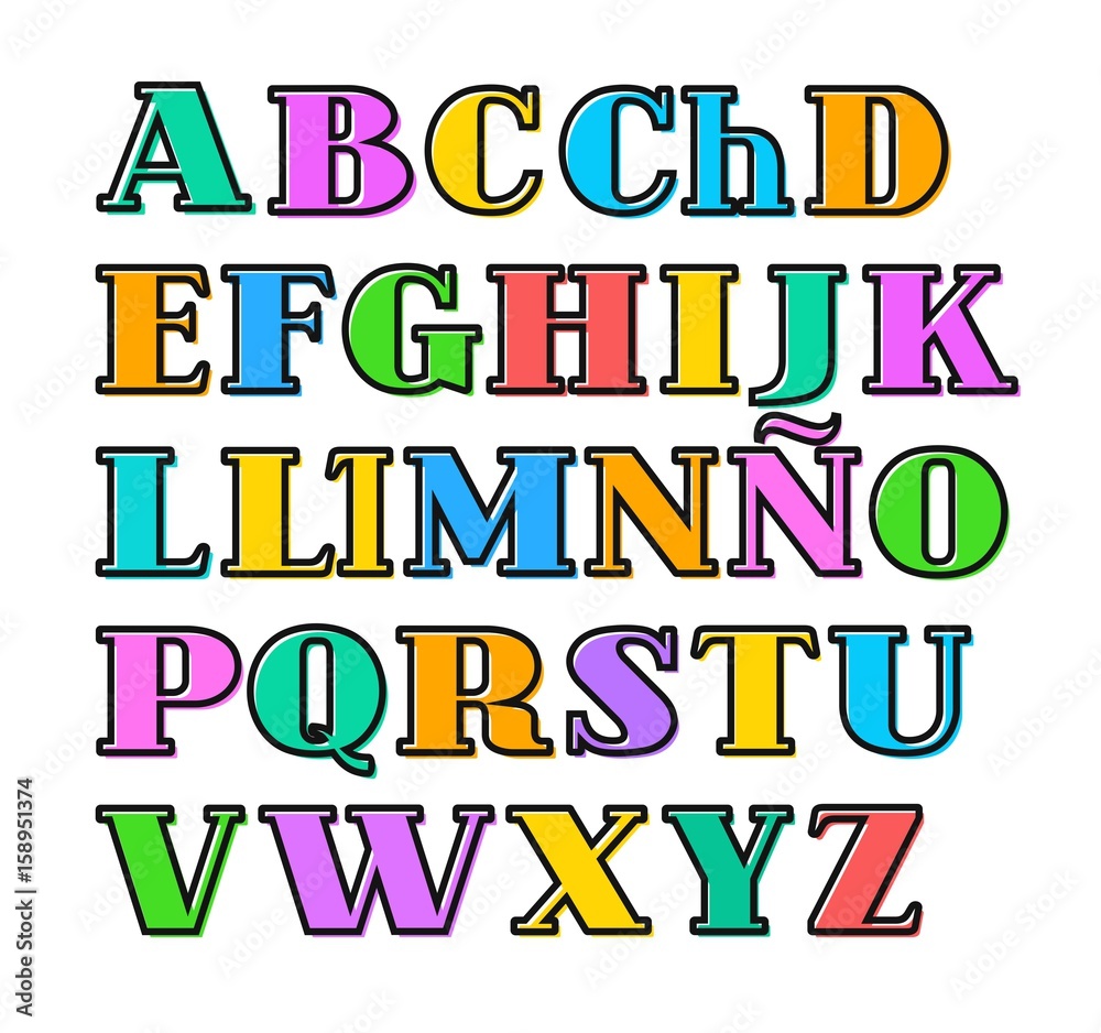 Spanish alphabet colorful letters, black outline, vector.  Capital letters with serif on a white background. Black outline is offset to the side.  