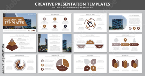 Set of brown elements for multipurpose presentation template slides with graphs and charts. Leaflet, corporate report, marketing, advertising, annual report, book cover design.