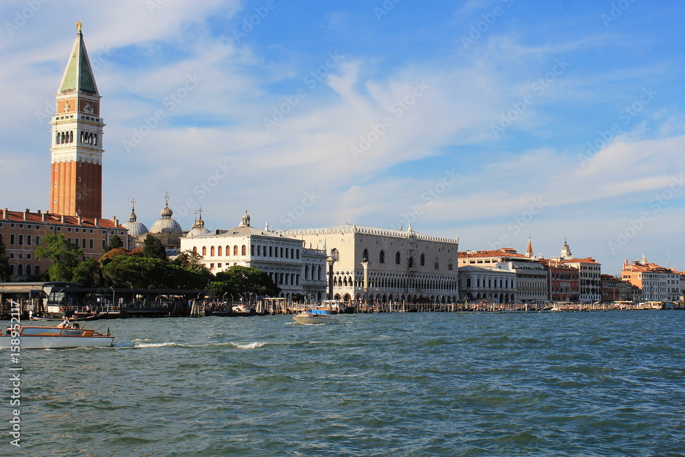 View to Doge's Palace and San Marco bell-tower from the Grand Canal in Venice