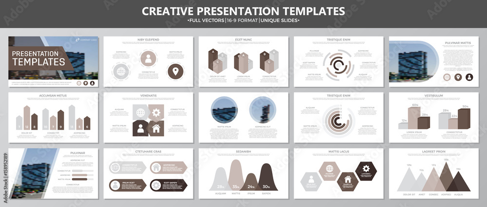 Set of brown elements for multipurpose presentation template slides with graphs and charts. Leaflet, corporate report, marketing, advertising, annual report, book cover design.