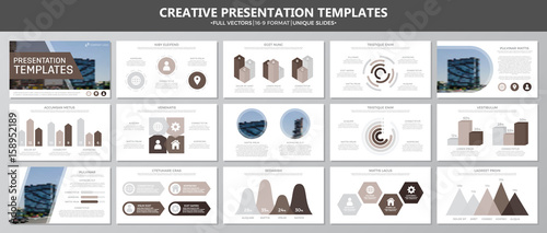 Set of brown elements for multipurpose presentation template slides with graphs and charts. Leaflet, corporate report, marketing, advertising, annual report, book cover design.