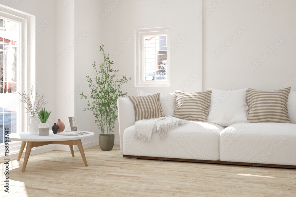 Fototapeta premium White modern room with sofa. Scandinavian interior design. 3D illustration