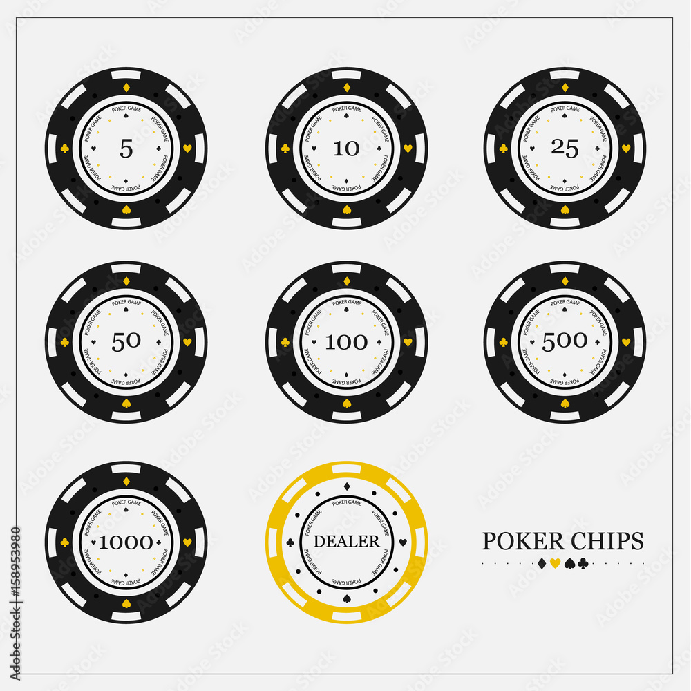 Bevidstløs auktion skibsbygning Vector set of flat poker chips. Denomination 5,10,25,50,100,500,1000 and  chip Diller Stock Vector | Adobe Stock