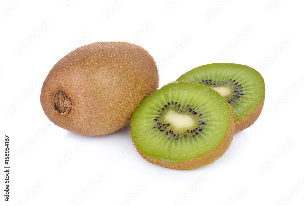 whole and sliced ripe green kiwi on white background whole and sliced ripe green kiwi on white background