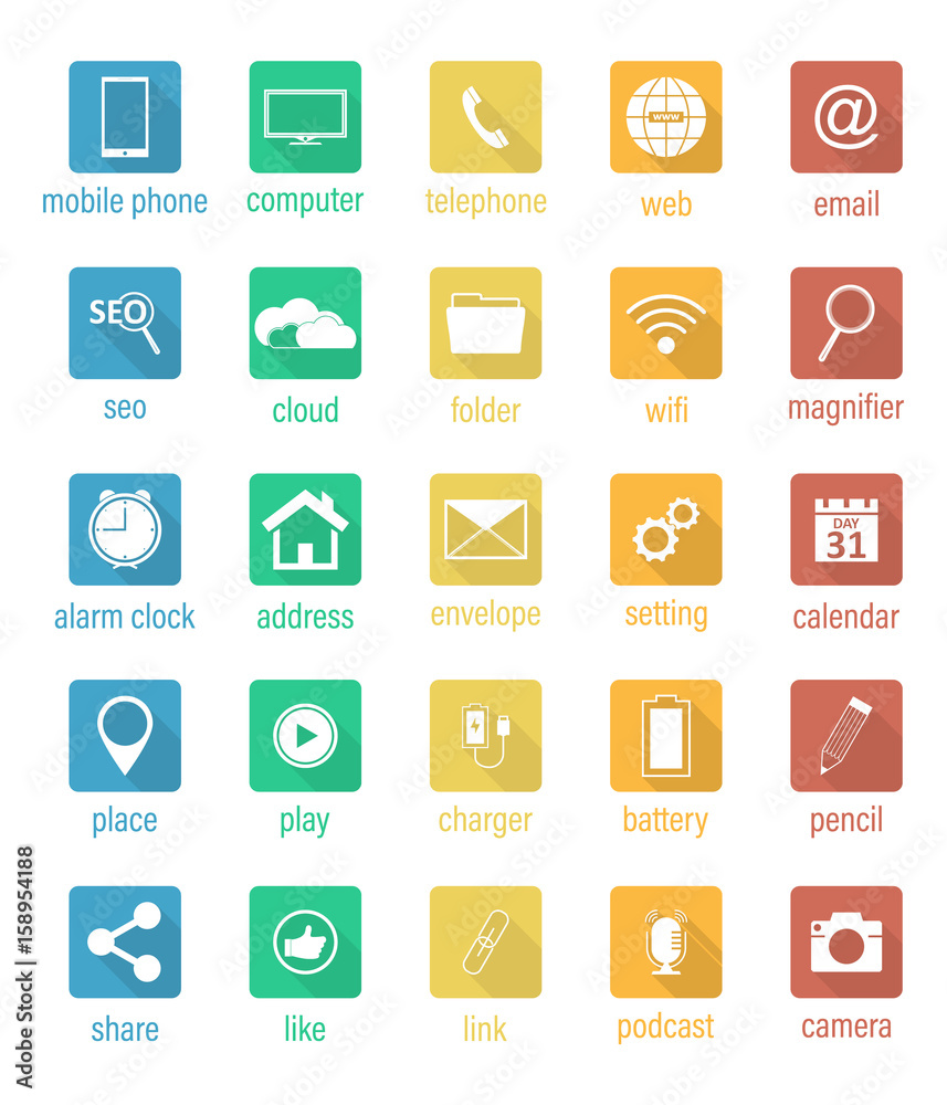 Set of flat vector square icons. Set of flat vector square icons.